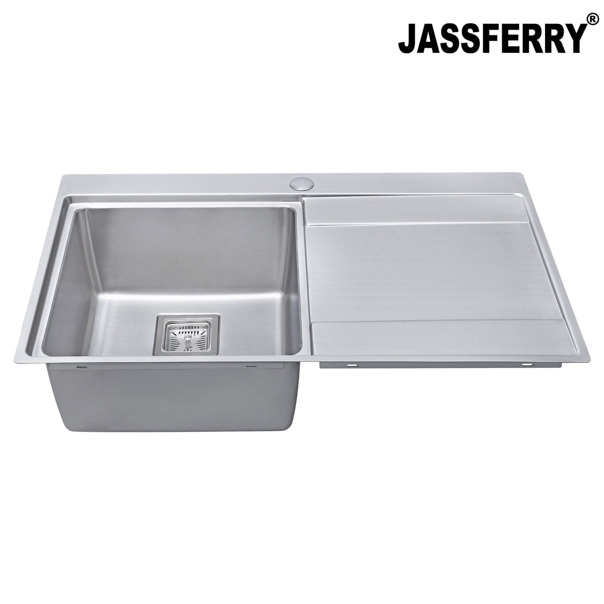 JASSFERRY Stainless Steel Kitchen Sink 860 x 520mm, Single Bowl Right Hand Drainer, Square Strainer