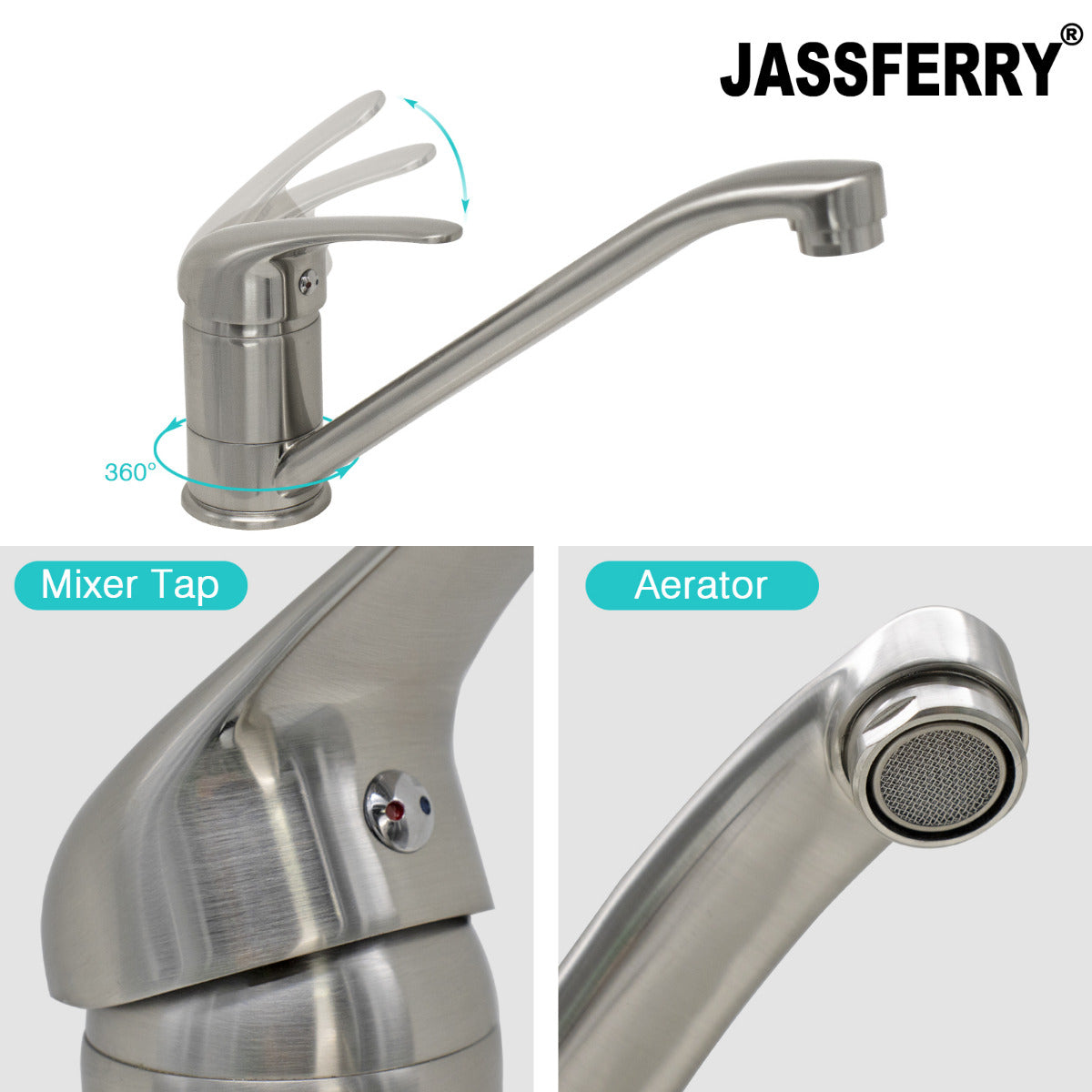 JassferryJASSFERRY New Nickel Brushed Kitchen Sink Mixer Taps Single Lever Swivel SpoutKitchen taps