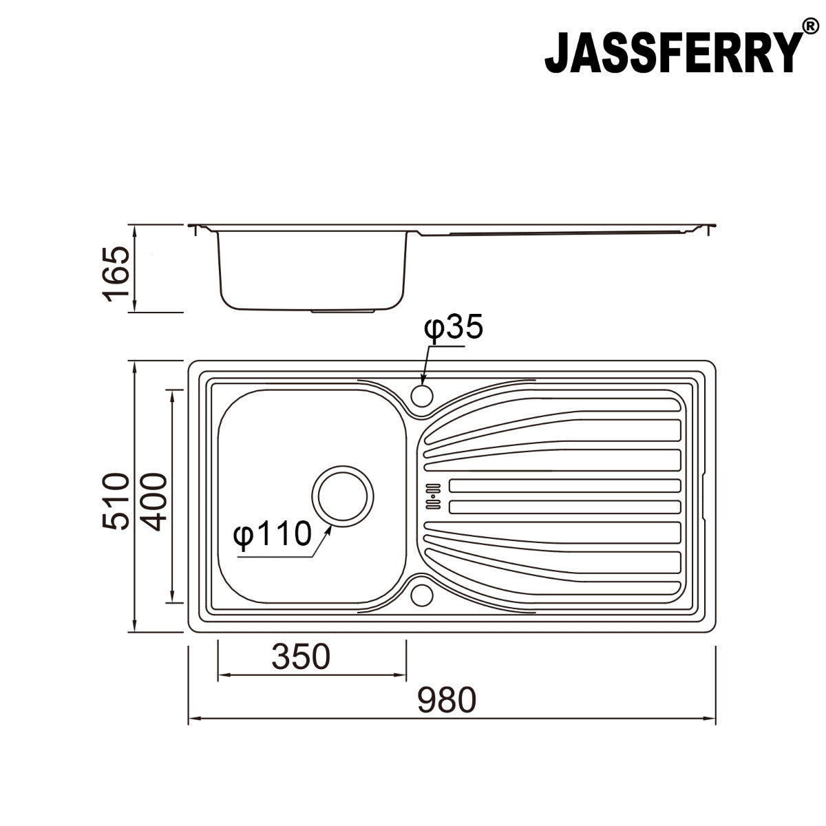 JassferryJASSFERRY Stainless Steel Kitchen Sink Reversible Drainer Deck Overflow HoleKitchen Sinks