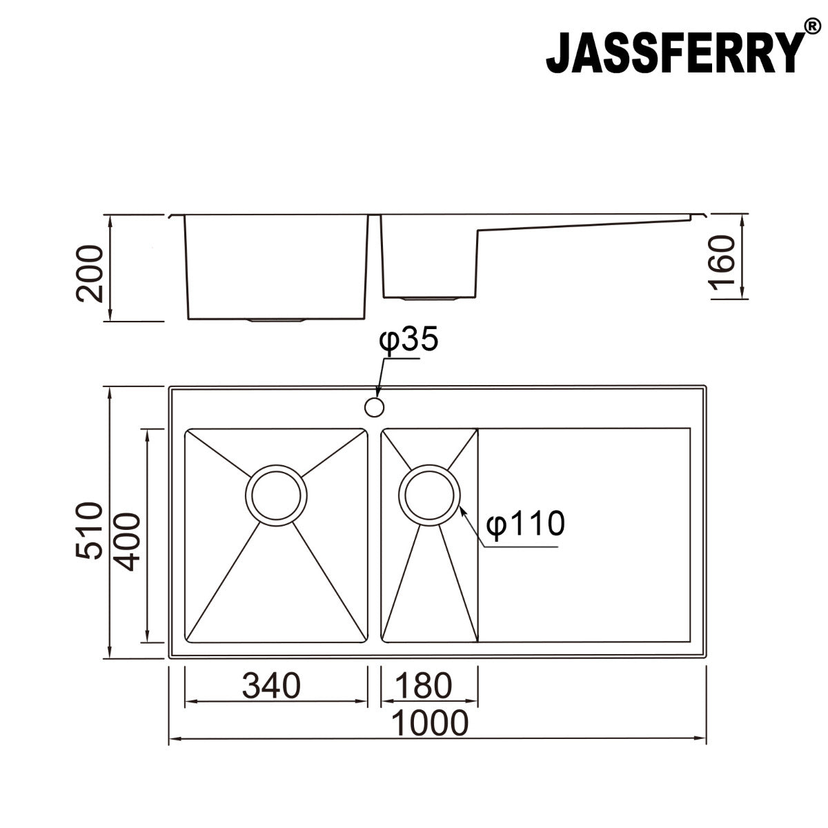 JassferryJASSFERRY Handcrafted Stainless Steel Kitchen Sink One Half Bowl Righthand DrainerKitchen Sink