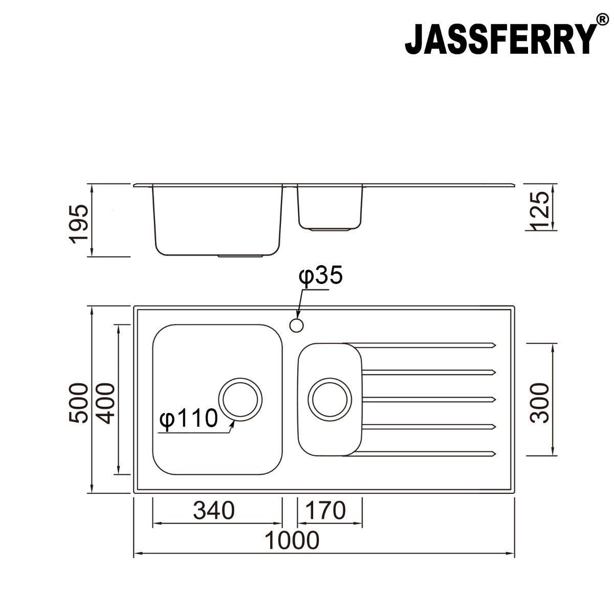 JassferryJASSFERRY Black Glass Top Kitchen Sink Stainless Steel 1.5 Bowl Righthand DrainerKitchen Sinks