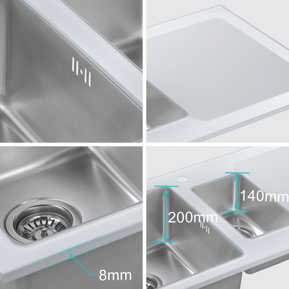 JassferryJASSFERRY White Glass Top Kitchen Sink Stainless Steel 1.5 Bowl Righthand DrainerKitchen Sinks