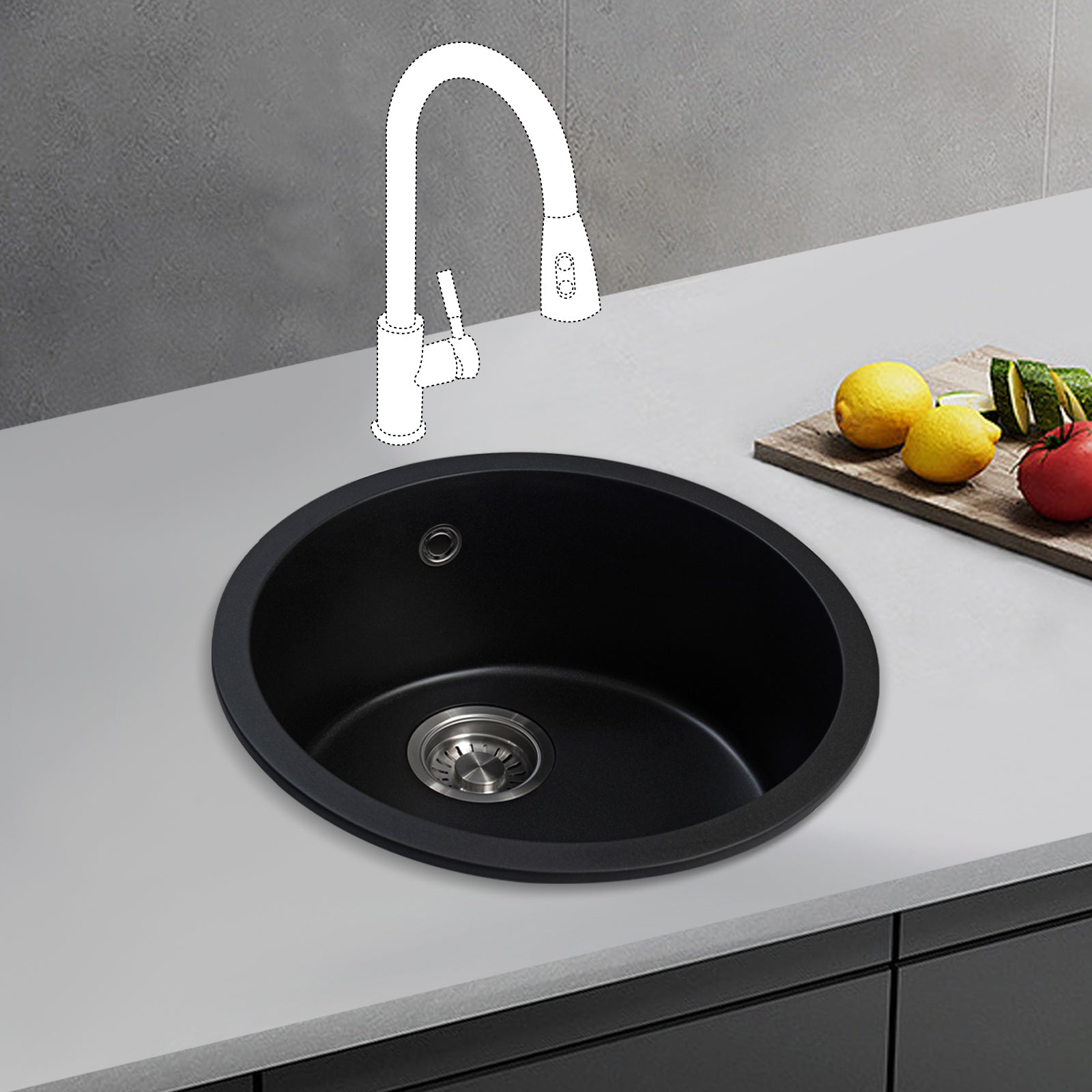 JASSFERRY Black Composite Kitchen Sink Inset Quartz Deep Round Single Bowl with Waste -460