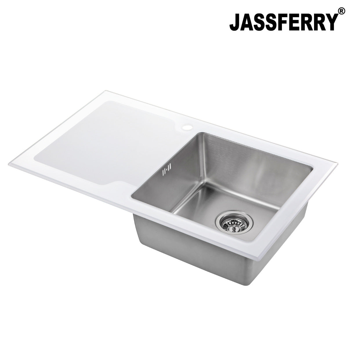 JassferryJASSFERRY White Glass Top Kitchen Sink 1 Stainless Steel Bowl Lefthand DrainerKitchen Sinks