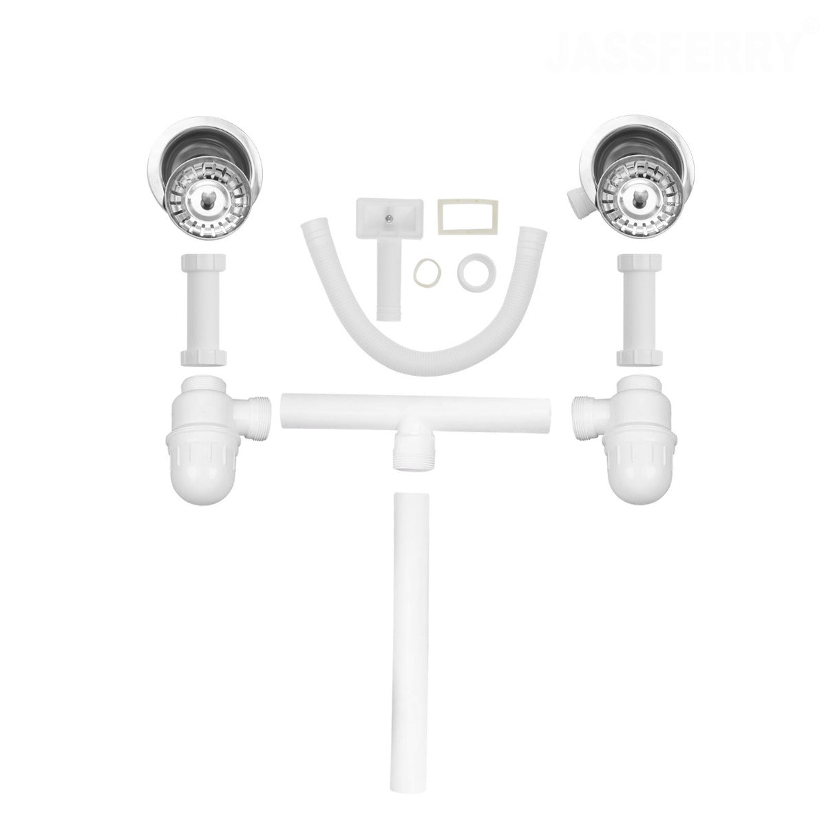 JassferryJASSFERRY Double 2 Bowl Kitchen Sink Waste Strainer White Pipes KitPipes Kit