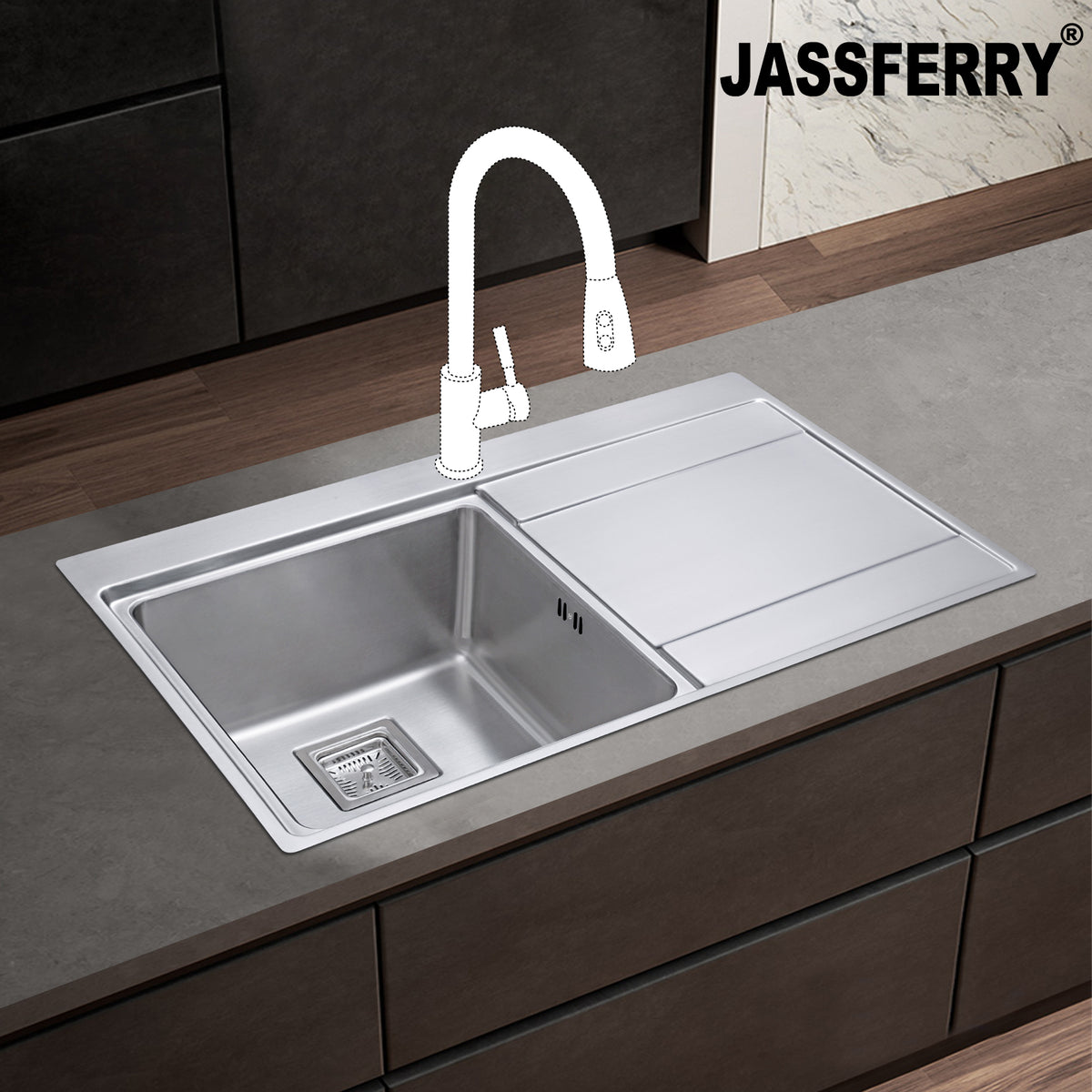 JASSFERRY Stainless Steel Kitchen Sink 860 x 520mm, Single Bowl Right Hand Drainer, Square Strainer