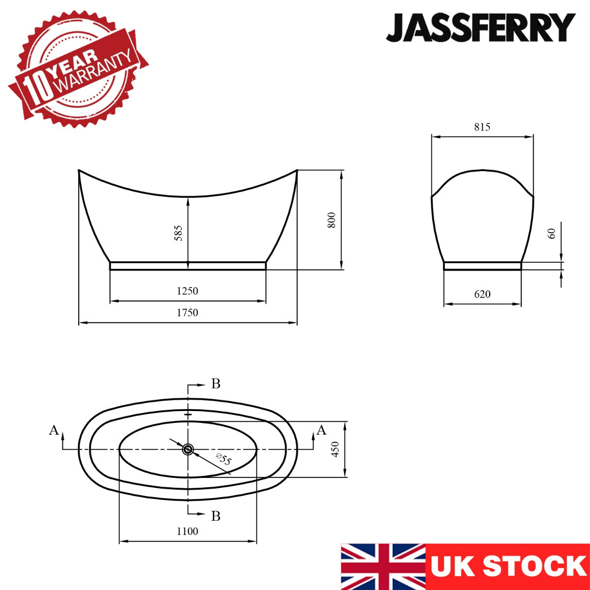 JassferryJASSFERRY 1750x815 mm Modern Design Double Ended Slipper Freestanding BathtubBathtubs