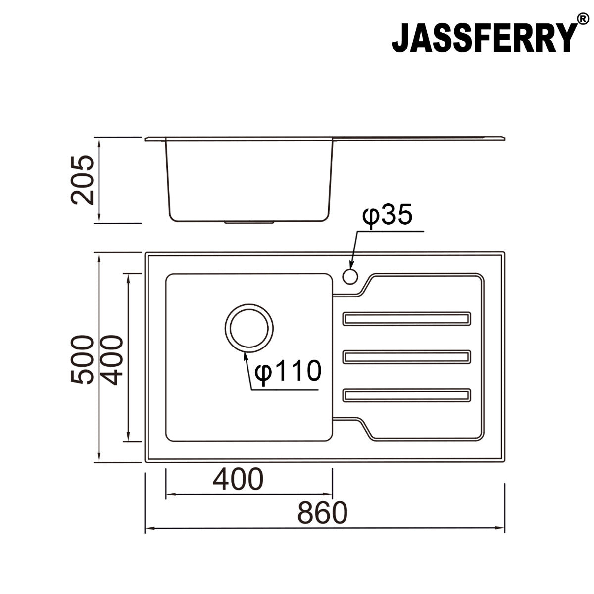JassferryJASSFERRY Kitchen Sink Stainless Steel Single Bowl Black Glass Righthand DrainerKitchen Sinks