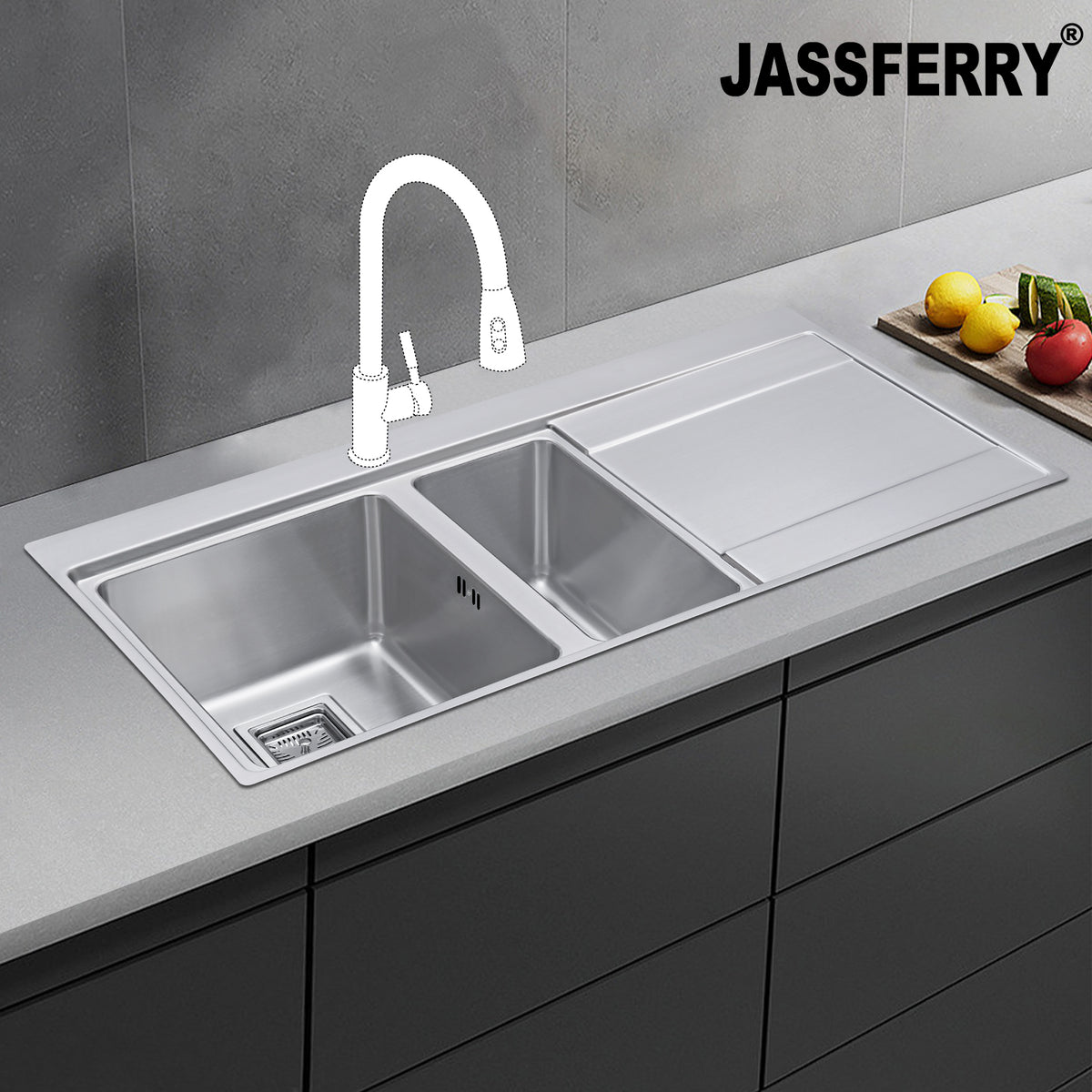 JASSFERRY Stainless Steel Kitchen Sink, 1.5 Bowl Right Hand Drainer, Square Strainer, 1000 x 520mm