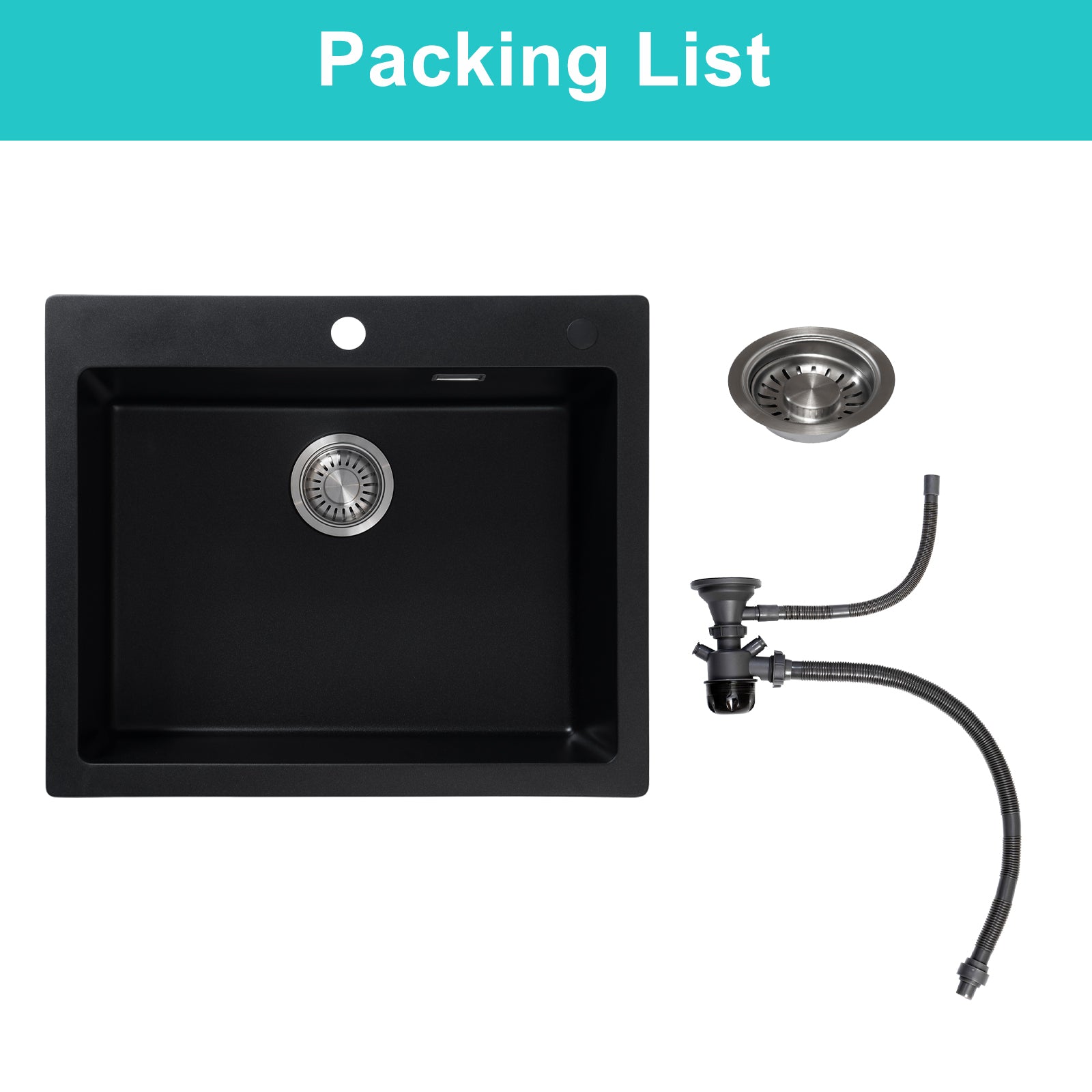 JASSFERRY Black Composite Kitchen Sink Drop-in Deep Single Bowl with Waste -6151