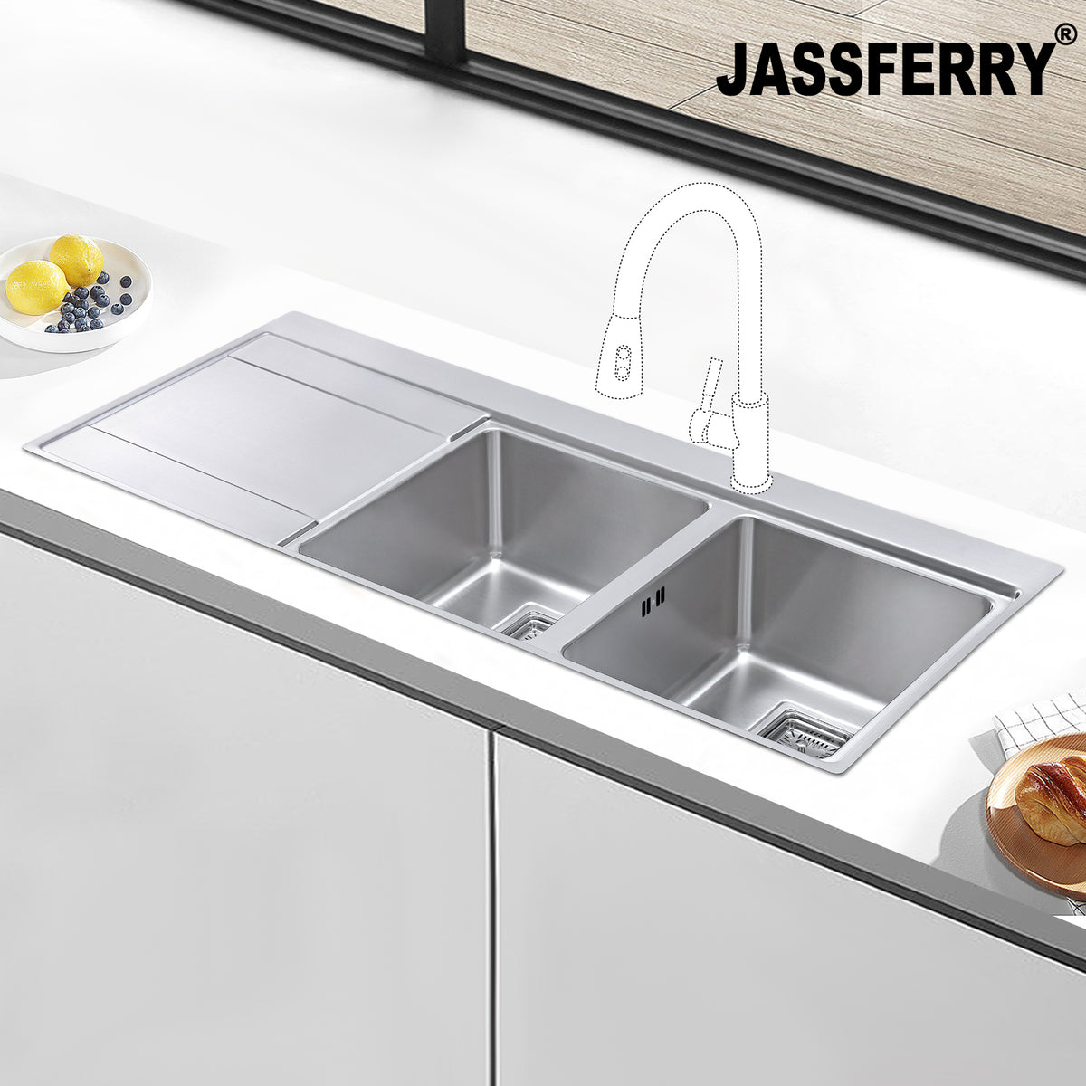 JASSFERRY Stainless Steel Kitchen Sink, 2 Bowl Left Hand Drainer, Square Strainer, 1160 x 520mm -699R