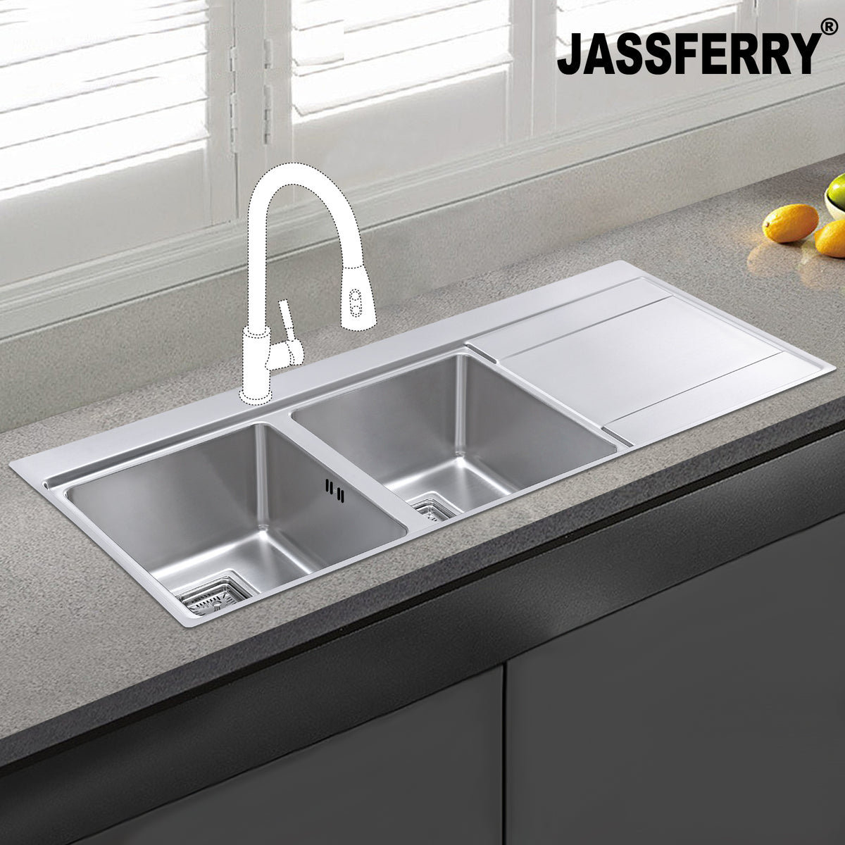 JASSFERRY Stainless Steel Kitchen Sink, 2 Bowl Right Hand Drainer, Square Strainer, 1160 x 520mm -699L