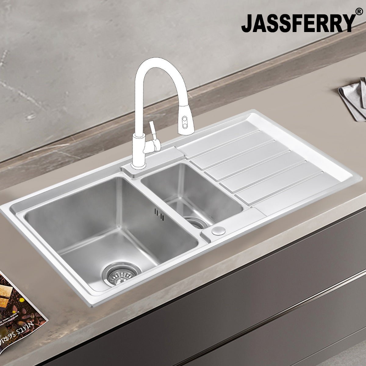 JassferryJASSFERRY Welding Stainless Steel Kitchen Sink 1.5 One Half Bowl Reversible DrainerKitchen Sinks