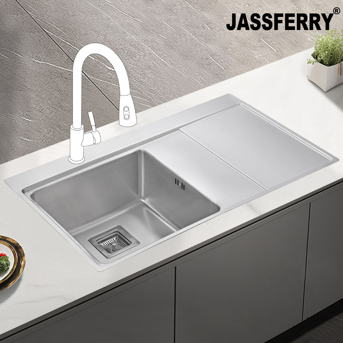 JassferryJASSFERRY 860x520 mm Brilliant Stainless Steel Kitchen Sink Single 1 Bowl Righthand Drainer - 660Kitchen Sinks