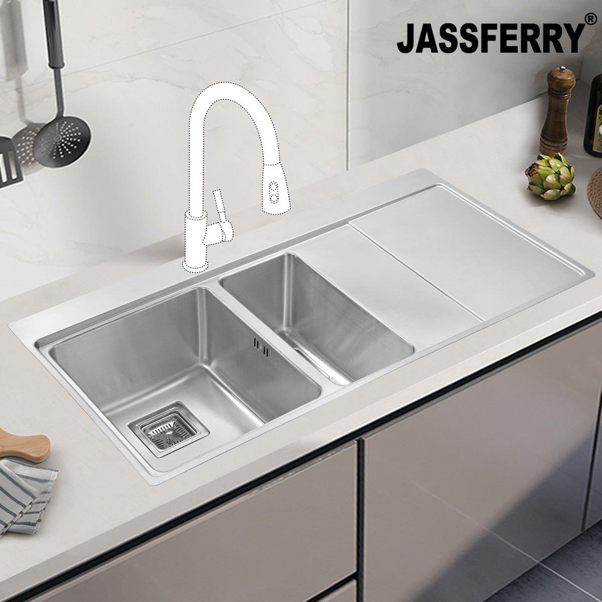 JassferryJASSFERRY Brilliant Stainless Steel Kitchen Sink One&Half Bowl Right hand DrainerKitchen Sinks