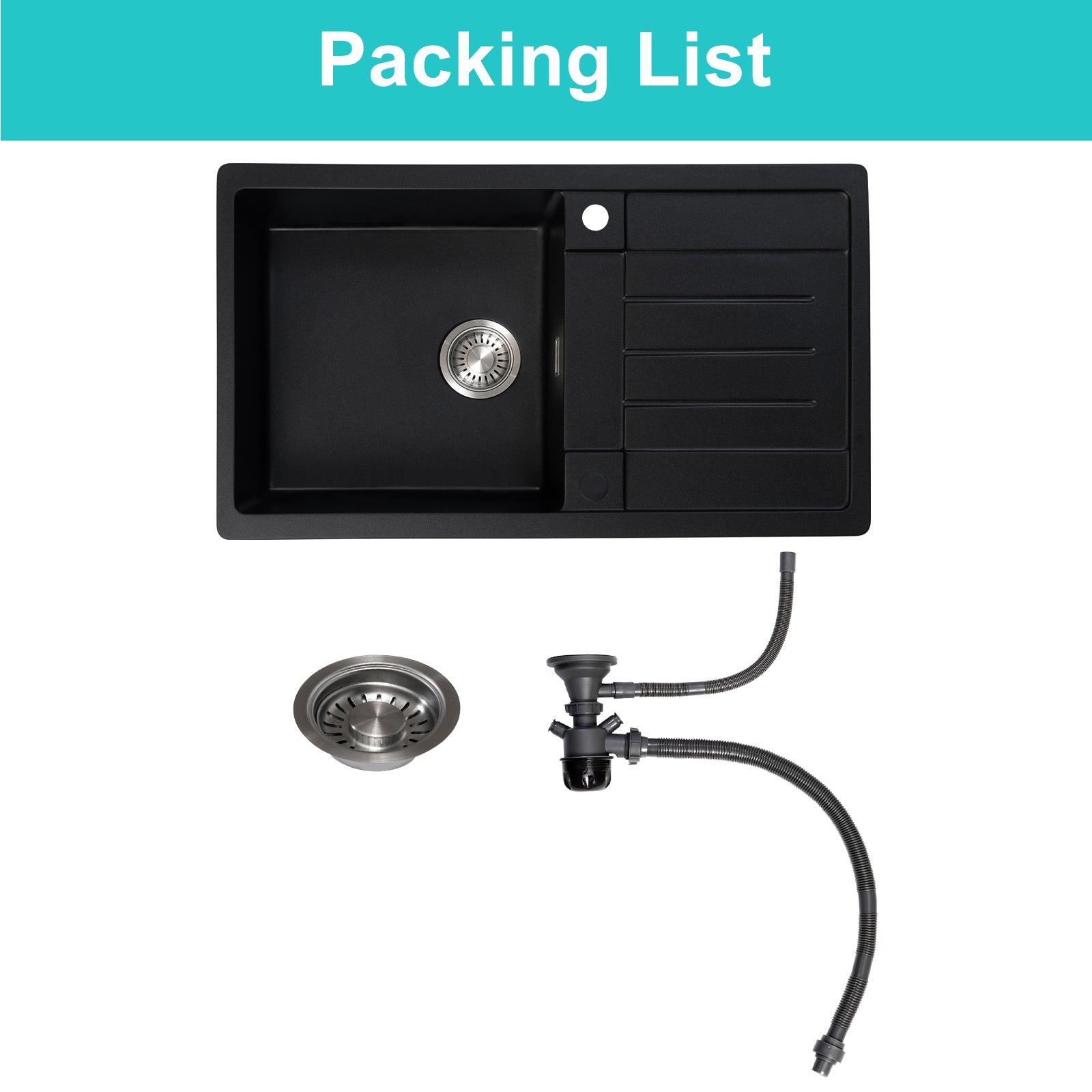 JASSFERRY Black Composite Kitchen Sink Inset Quartz Reversible Drainer 1.0 Bowl with Waste -8650