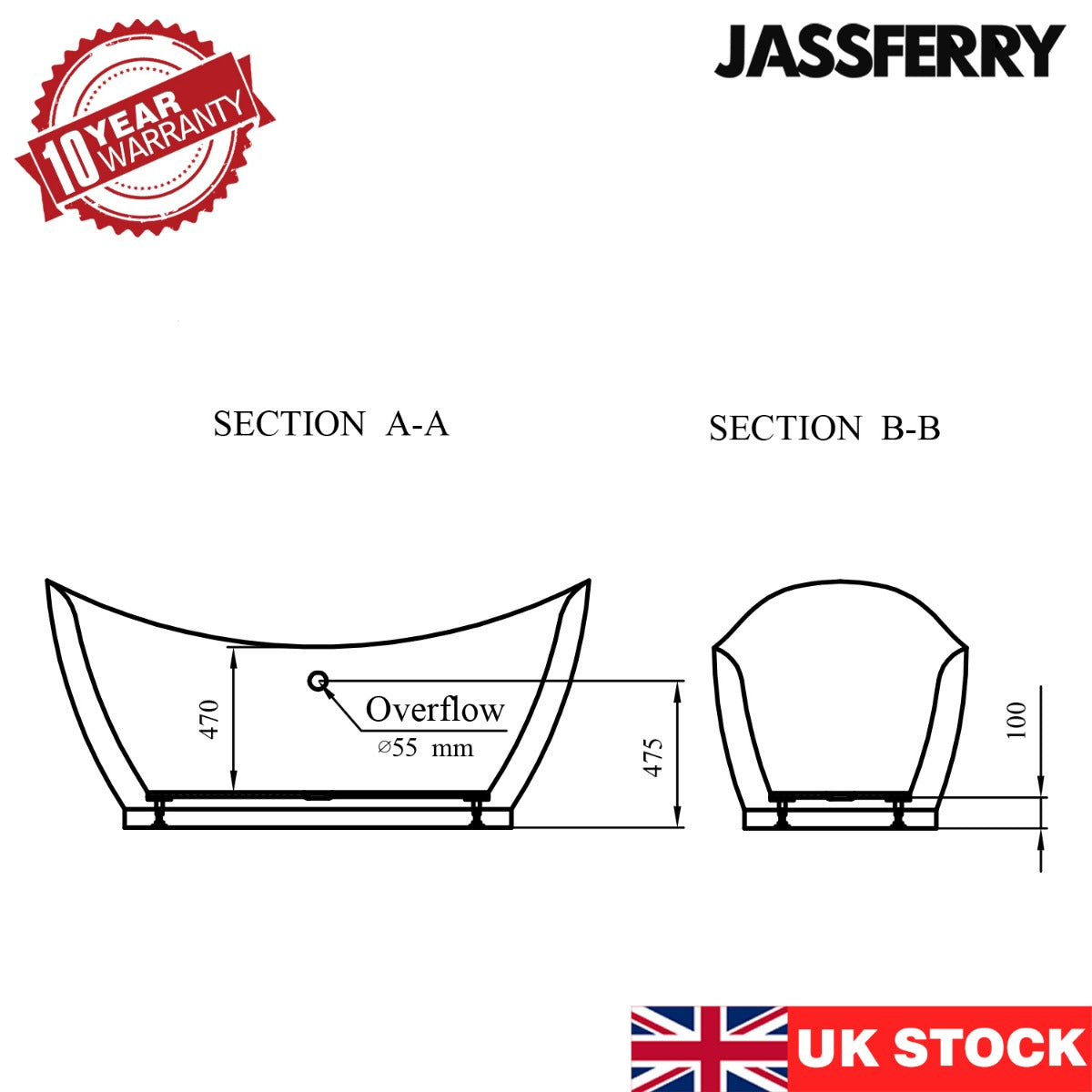 JassferryJASSFERRY 1750x815 mm Modern Design Double Ended Slipper Freestanding BathtubBathtubs