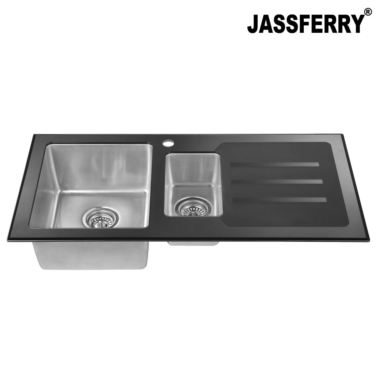 JassferryJASSFERRY Kitchen Sink Stainless Steel 1.5 Bowl Black Glass Righthand DrainerKitchen Sinks