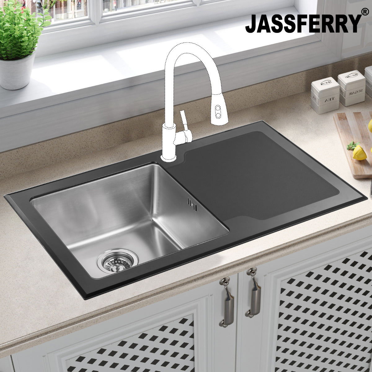 JassferryJASSFERRY Kitchen Sink Stainless Steel Single Bowl Black Glass Righthand DrainerKitchen Sinks