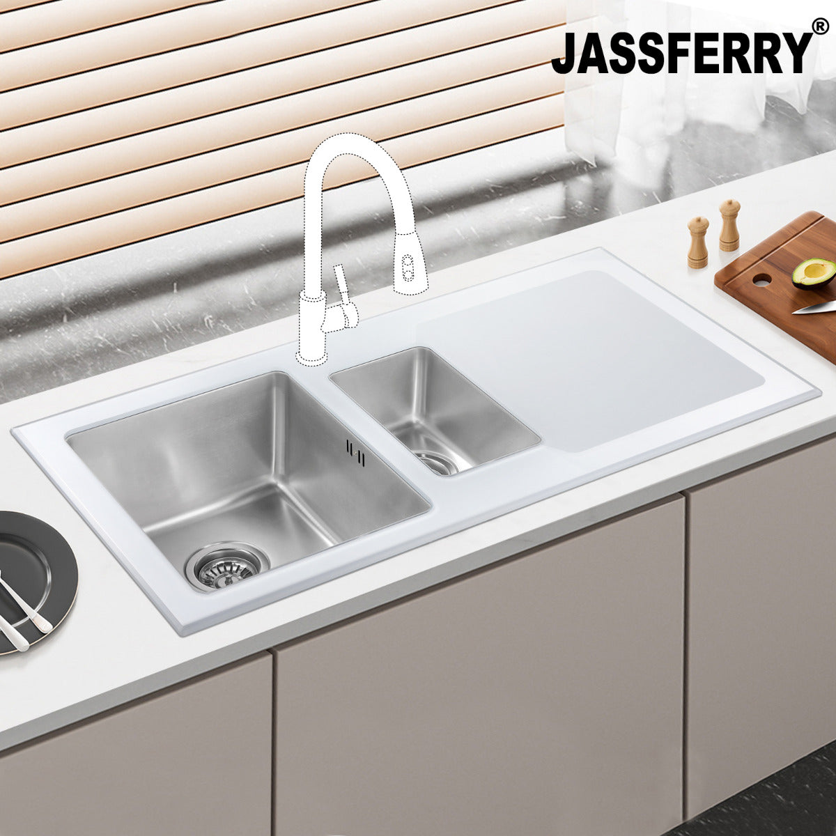 JassferryJASSFERRY White Glass Top Kitchen Sink Stainless Steel 1.5 Bowl Righthand DrainerKitchen Sinks