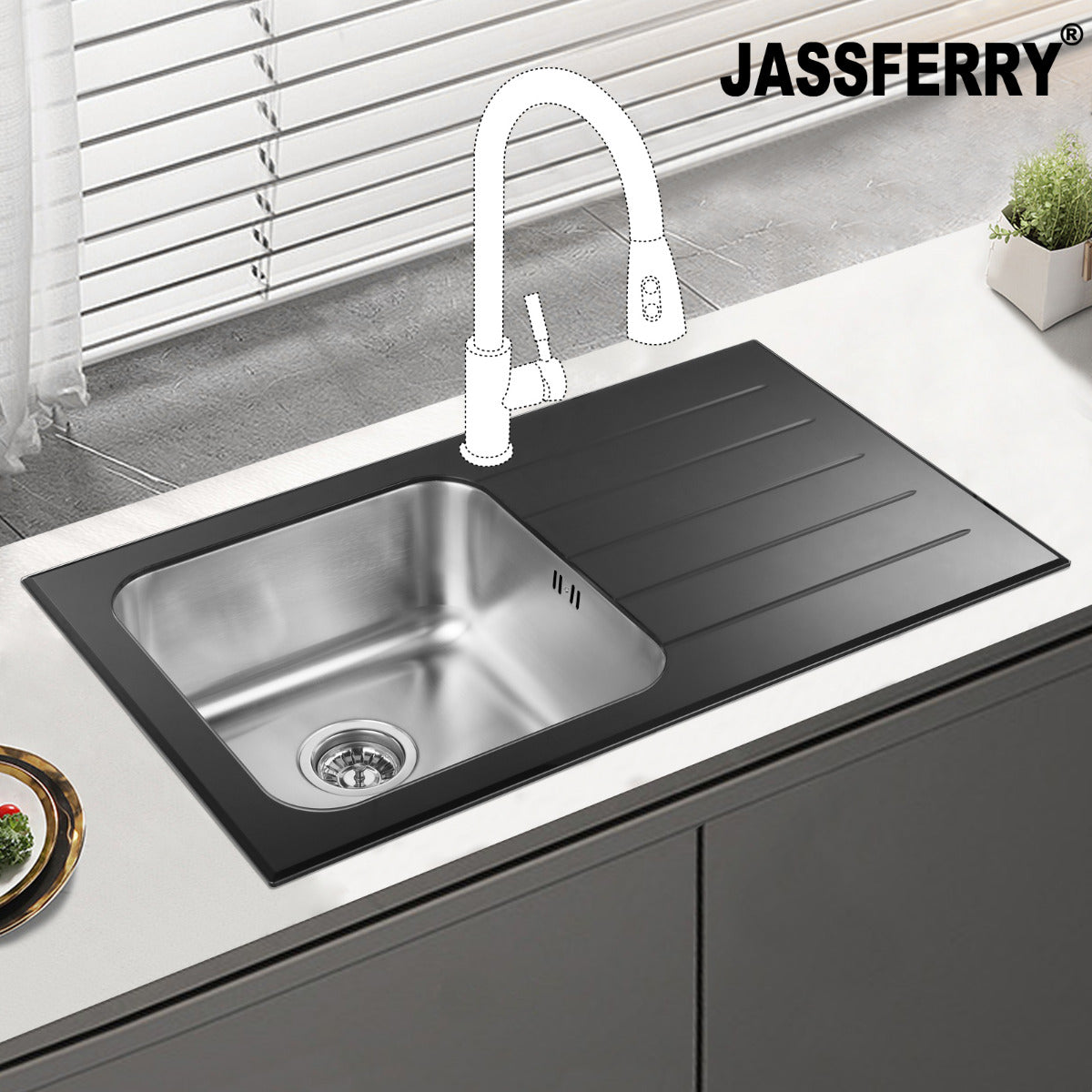 JassferryJASSFERRY Black Glass Top Kitchen Sink 1 Stainless Steel Bowl Righthand Drainer - 772BKitchen Sink