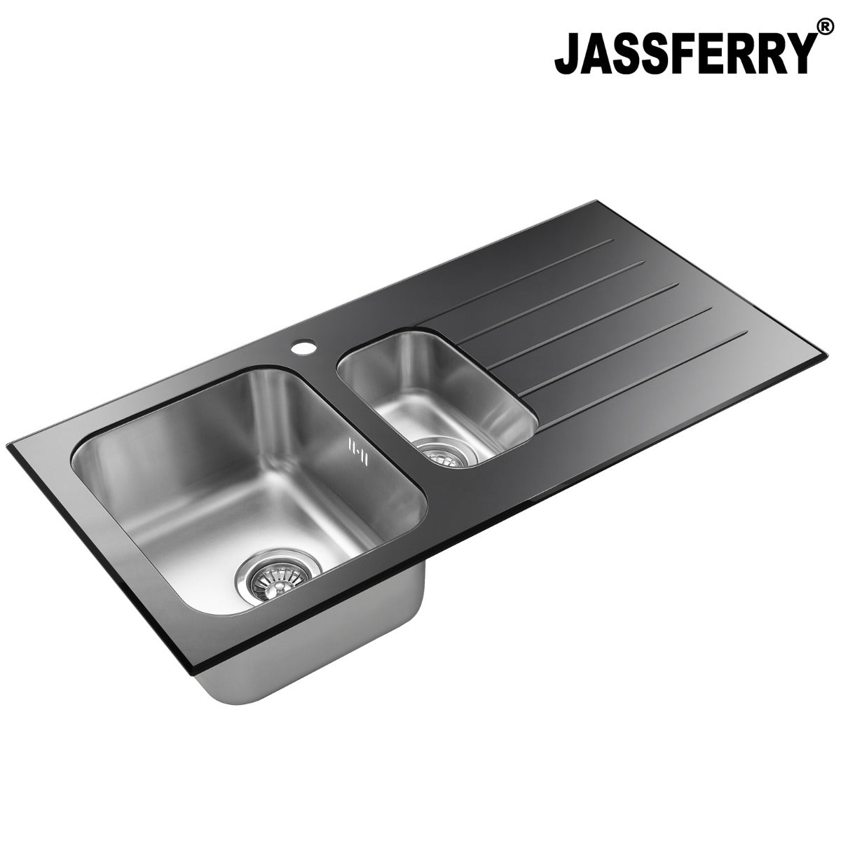 JassferryJASSFERRY Black Glass Top Kitchen Sink Stainless Steel 1.5 Bowl Righthand DrainerKitchen Sinks