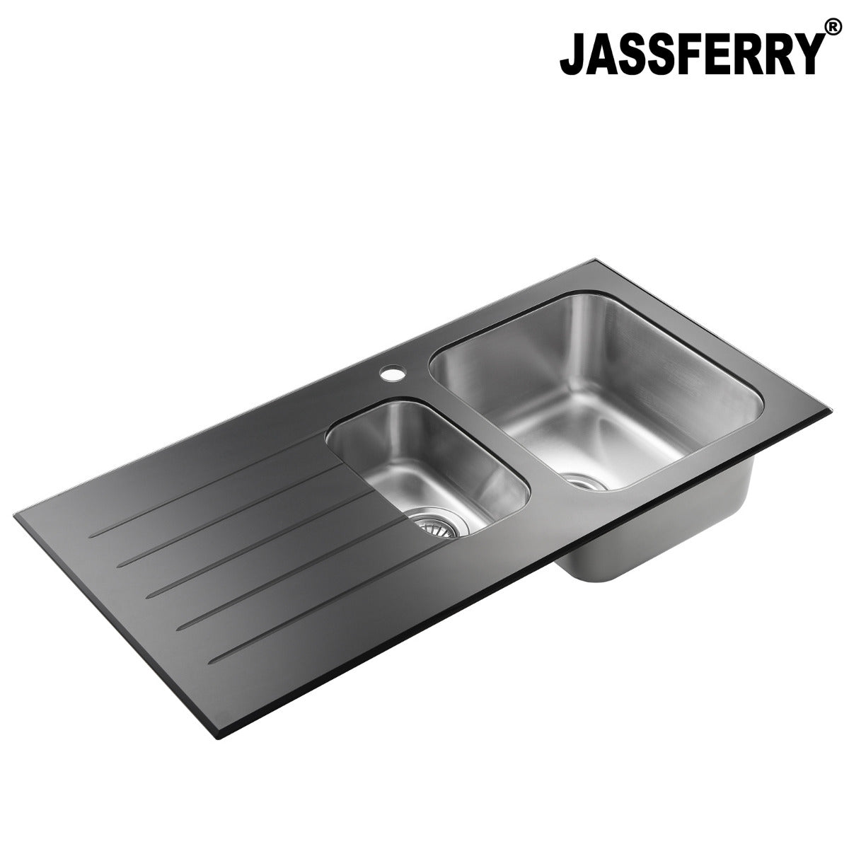 JassferryJASSFERRY Black Glass Top Kitchen Sink Stainless Steel 1.5 Bowl Lefthand DrainerKitchen Sink