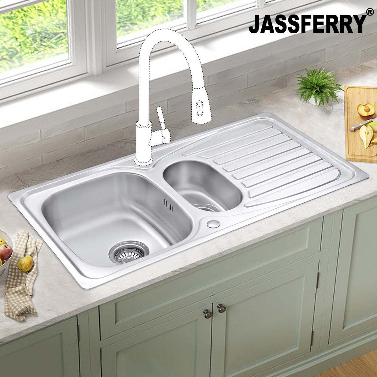 JassferryJASSFERRY Inset Stainless Steel Kitchen Sink One and Half Bowl Reversible DrainerKitchen Sinks