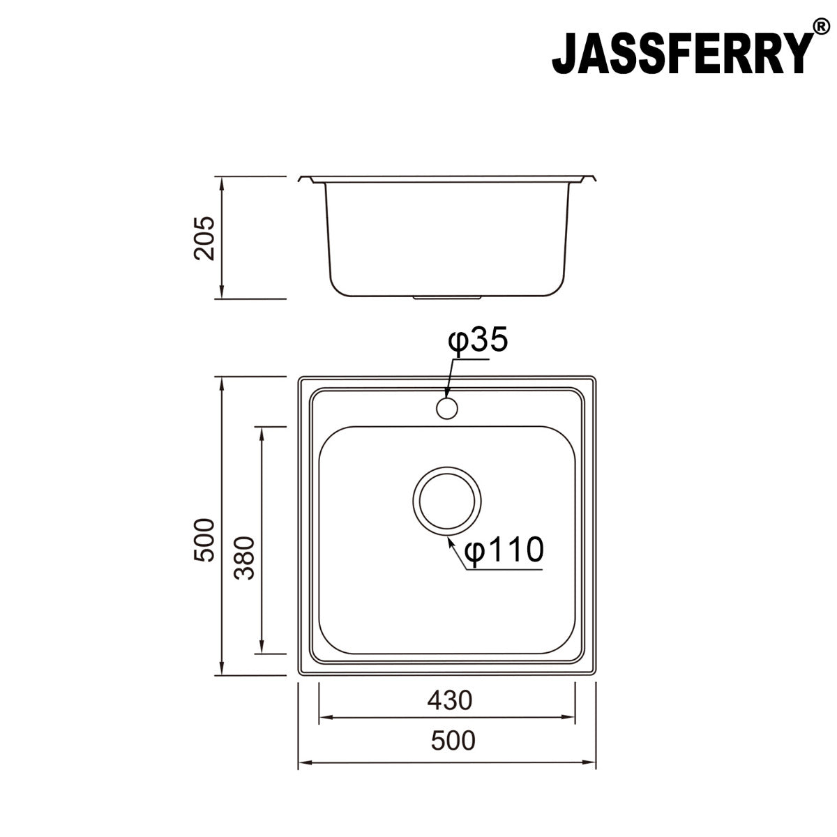 JassferryJASSFERRY Drop-in Stainless Steel Single Square Bowl Kitchen Campervan RV Sink with Pre-drilled Tap HoleKitchen Sink