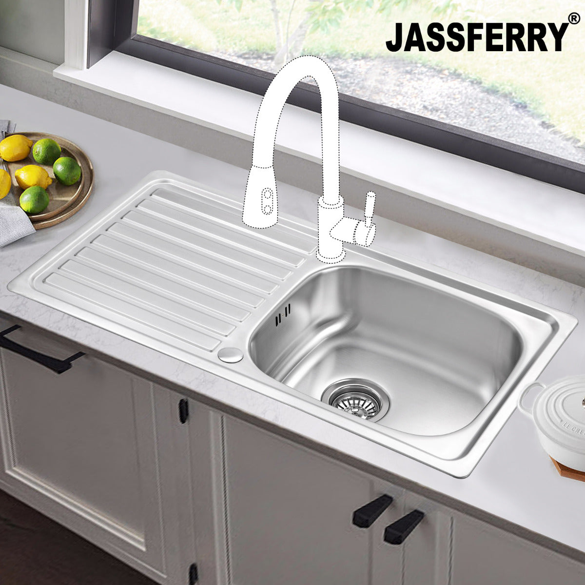 JassferryJASSFERRY 860 x 435 mm Stainless Steel Kitchen Sink Inset Single 1 Bowl Reversible Drainer - 940Kitchen Sinks