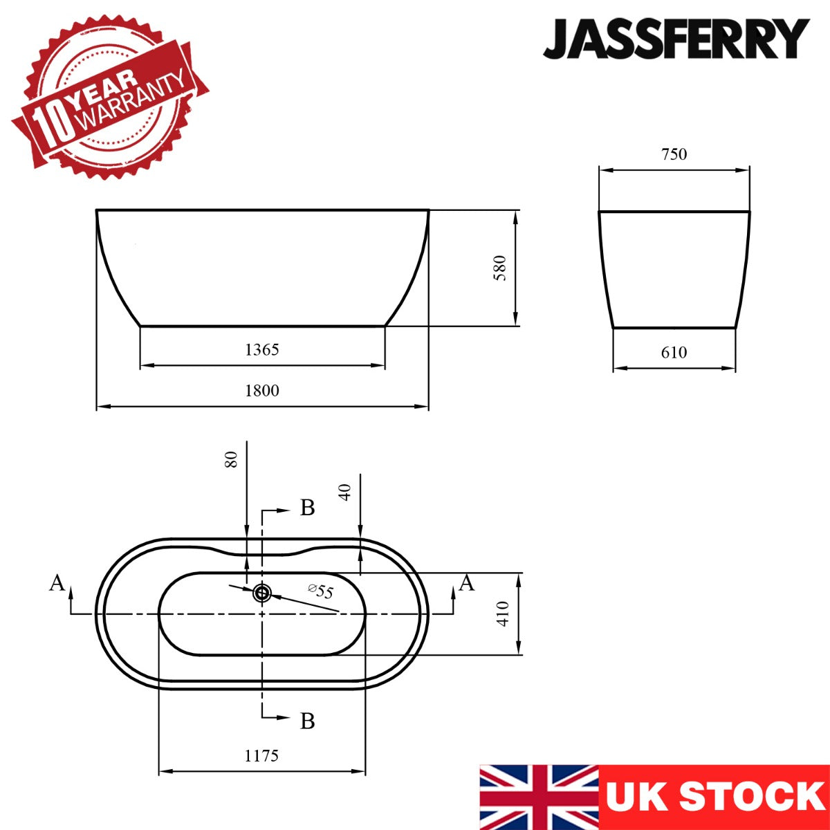 JassferryJASSFERRY Modern Freestanding Bathtub White Gloss Soaking Baths Acrylic 1800×750Bathtubs