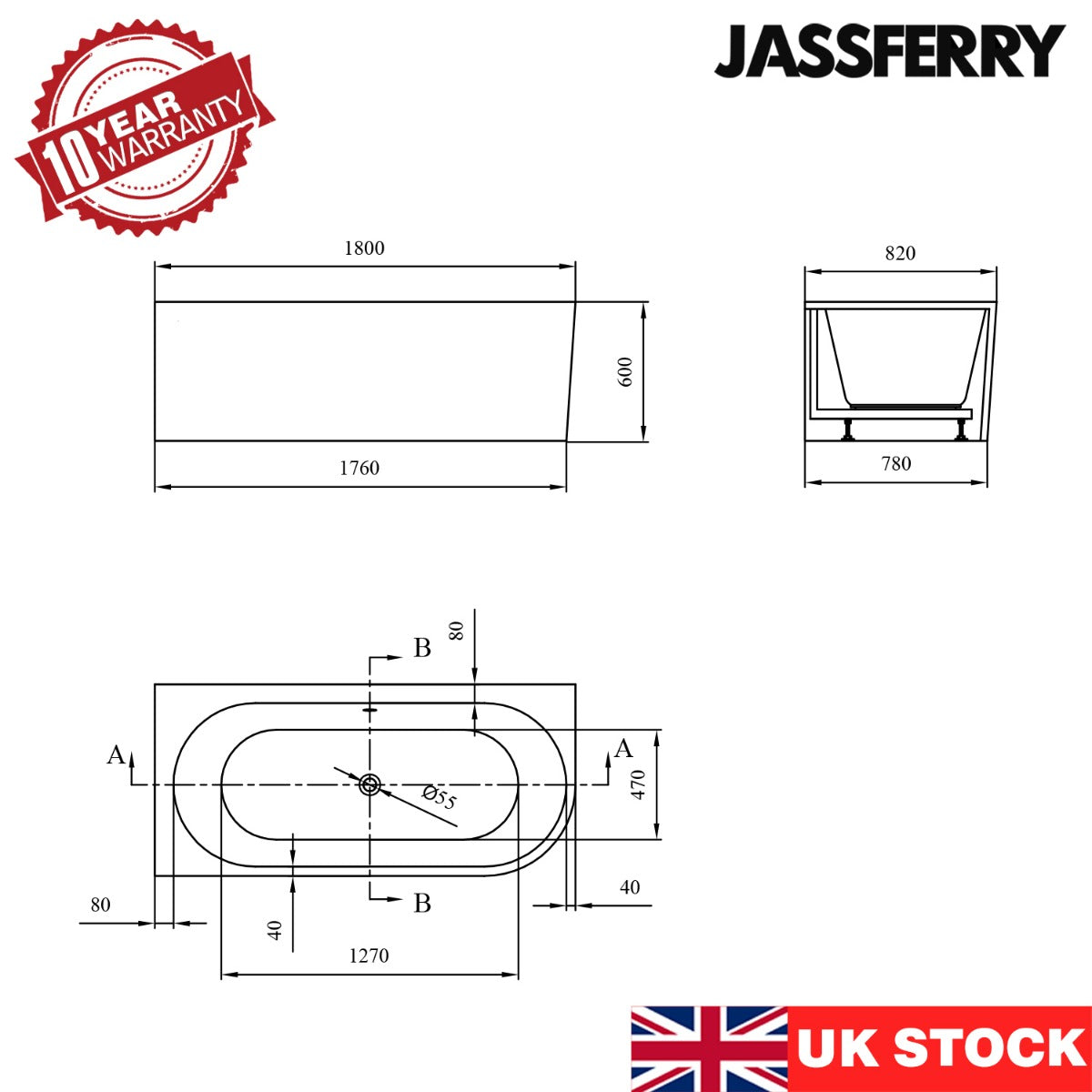 JassferryJASSFERRY 1800x820 mm Freestanding  Acrylic Corner Bathtub Soaking SPA (Left Hand Bath)Bathtubs