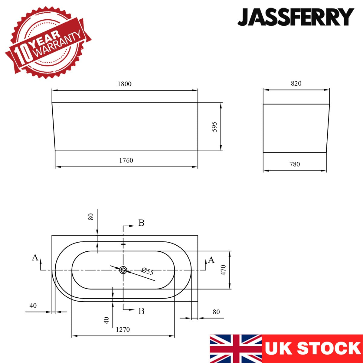 JassferryJASSFERRY 1800x820 mm Freestanding Acrylic Corner Bathtub Soaking SPA (Right Hand Bath)Bathtubs