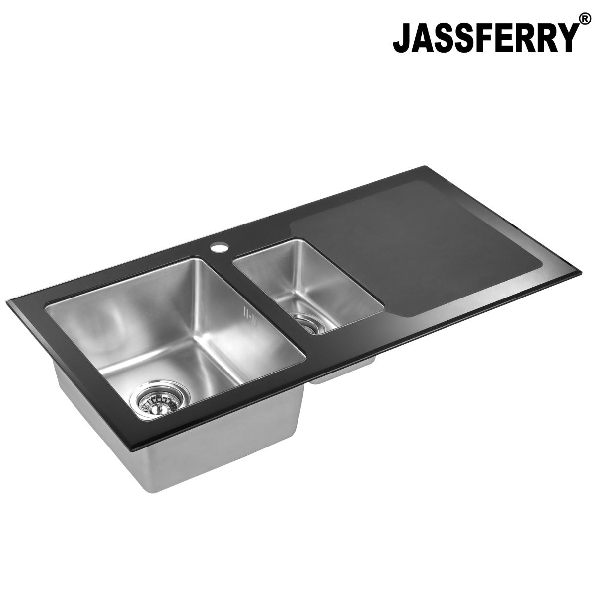 JassferryJASSFERRY White Glass Top Kitchen Sink Stainless Steel 1.5 Bowl Righthand DrainerKitchen Sinks